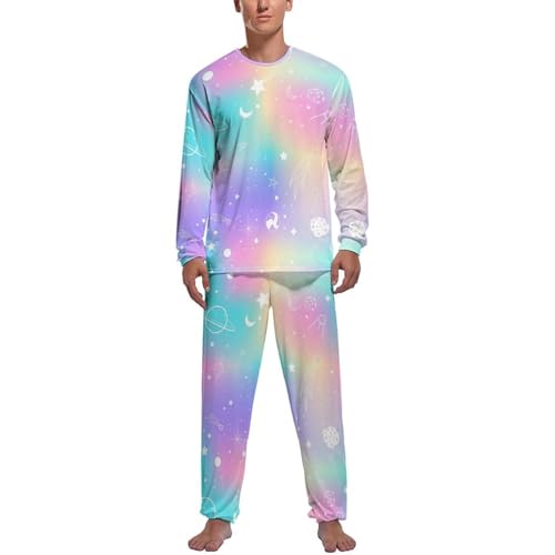 MZGFAQ Farbenfroher Sternenhimmel Herren Schlafanzug Lang Pyjama Set Nightwear Langarm Nachtwäsche Sleepwear von MZGFAQ