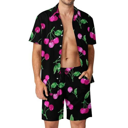 MZGFAQ Kirsche Herren Hawaiihemd Und Strandhose Button Down Outfit Kurzarm Hawaii Hemd Zweiteiler XXL von MZGFAQ