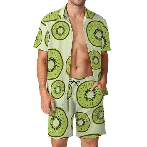MZGFAQ Kiwi Herren Hawaiihemd Und Strandhose Button Down Outfit Kurzarm Hawaii Hemd Zweiteiler XXL von MZGFAQ