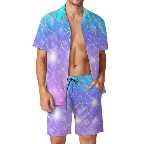 MZGFAQ Meerjungfrauenflosse Herren Hawaiihemd Und Strandhose Button Down Outfit Kurzarm Hawaii Hemd Zweiteiler L von MZGFAQ