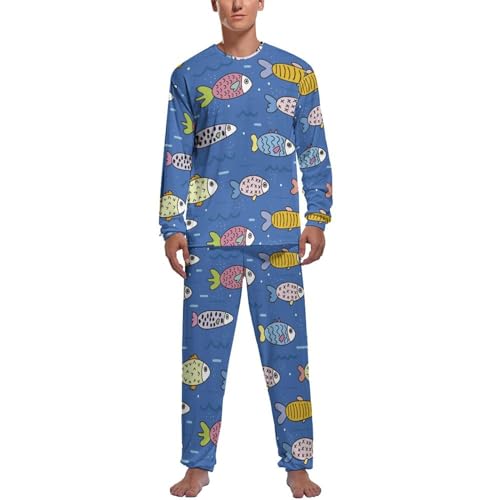 MZGFAQ Niedlicher Fisch Blau Herren Schlafanzug Lang Pyjama Set Nightwear Langarm Nachtwäsche Sleepwear von MZGFAQ