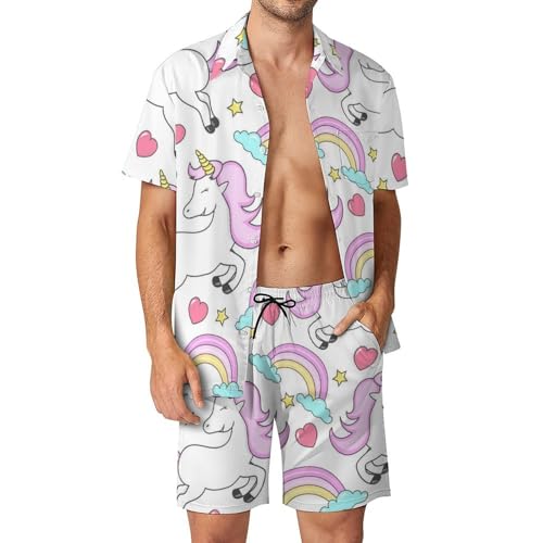 MZGFAQ Regenbogen-Einhorn Herren Hawaiihemd Und Strandhose Button Down Outfit Kurzarm Hawaii Hemd Zweiteiler 3XL von MZGFAQ