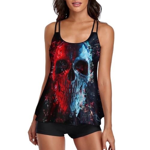 MZGFAQ Rotblauer Totenkopf Damen Zweiteilig Badeanzug Tankini Bademoden Bauchweg Beachwear Mit Hotpants von MZGFAQ