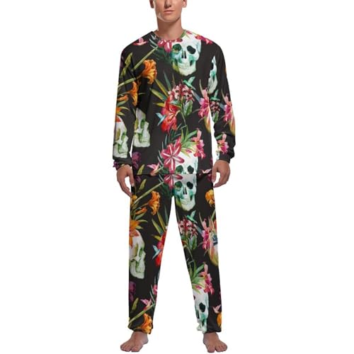MZGFAQ Totenkopf Blumen Herren Schlafanzug Lang Pyjama Set Nightwear Langarm Nachtwäsche Sleepwear von MZGFAQ