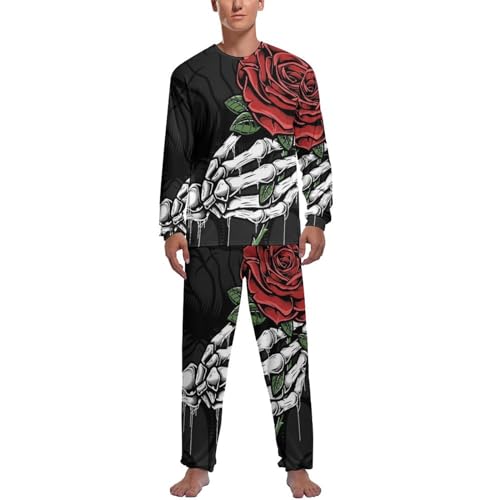 MZGFAQ Totenkopf Hand Rose Herren Schlafanzug Lang Pyjama Set Nightwear Langarm Nachtwäsche Sleepwear von MZGFAQ