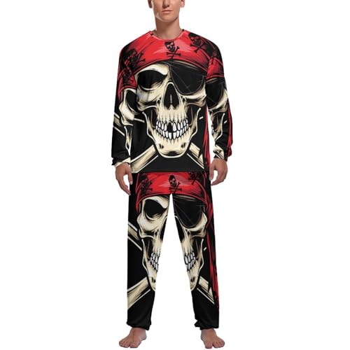 MZGFAQ Totenkopf Rot Herren Schlafanzug Lang Pyjama Set Nightwear Langarm Nachtwäsche Sleepwear von MZGFAQ