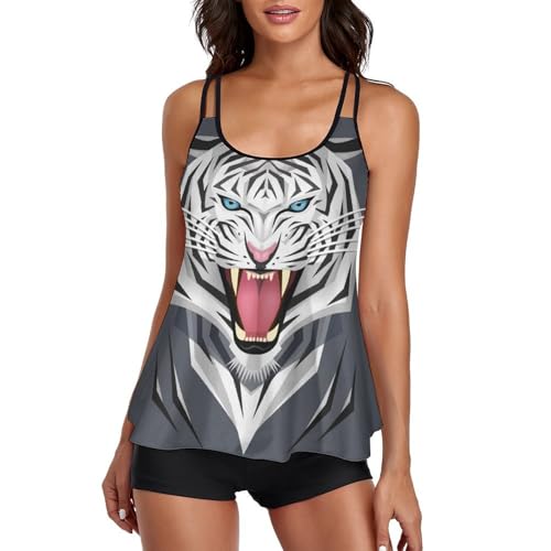 MZGFAQ Weißer Tiger Damen Zweiteilig Badeanzug Tankini Bademoden Bauchweg Beachwear Mit Hotpants von MZGFAQ