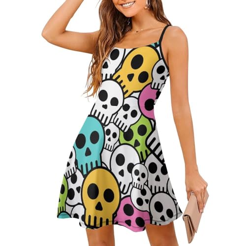 Pinke Weiße Totenköpfe Damen Ärmellos Sommerkleid Minikleid Spaghettiträger Kurz Kleid Cami Mini Swing Dress von MZGFAQ