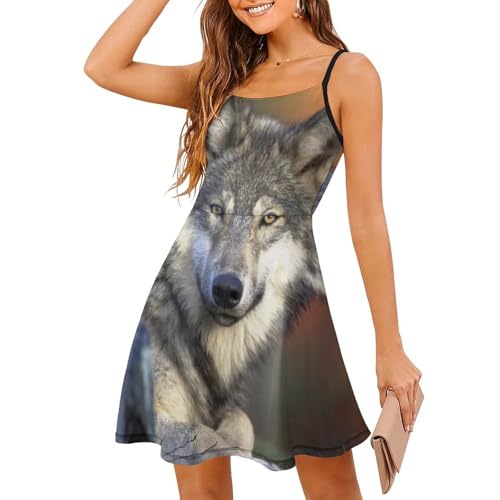 Wolf Damen Ärmellos Sommerkleid Minikleid Spaghettiträger Kurz Kleid Cami Mini Swing Dress von MZGFAQ