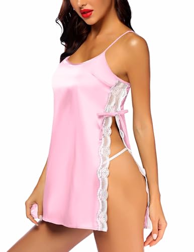 MZGN Damen-Nachthemd, sexy Satin-Nachthemd, Babydoll-Spitzen-Dessous, sexy Dessous, Spaghettiträger-Kleid mit Tanga-Nachthemd Pink-M von MZGN