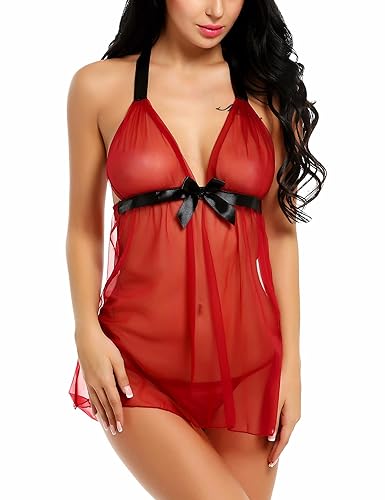 MZGN Damen Sexy Dessous Babydoll Nachtwäsche Spitze Nachtwäsche Unterwäsche Set Nachtkleid mit G-String Open Front Style Red-L von MZGN