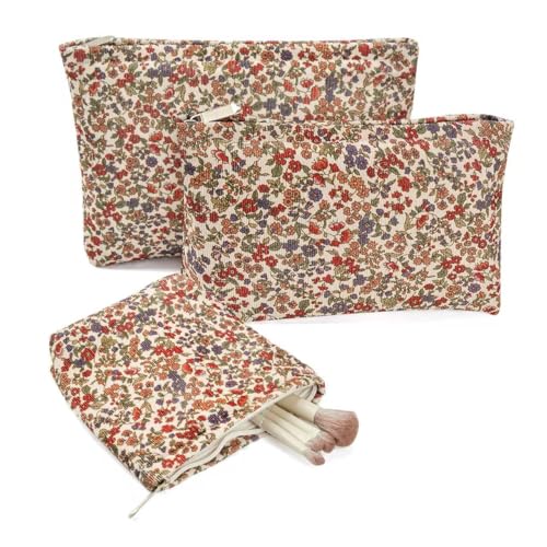 Make-up-Taschen mit Blumenmuster, Kosmetiktaschen für Damen, großes Fassungsvermögen, Cord-Make-up-Taschen-Set und tragbare Mini-Make-up-Tasche, ästhetische Damenhandtaschen, Geldbörsen von MZLUWM
