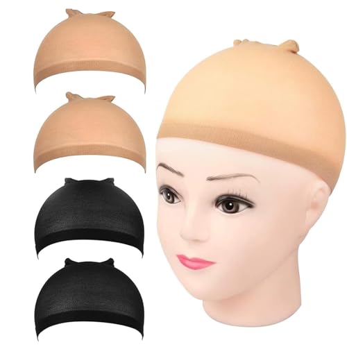Perückenkappen, 4 Stück Strumpfkappen für Perücken, Perückenkappen zum Fixieren der Perücke, elastisches Netz, dehnbar und atmungsaktiv (Hautfarbe, schwarz) von MZOYOURO