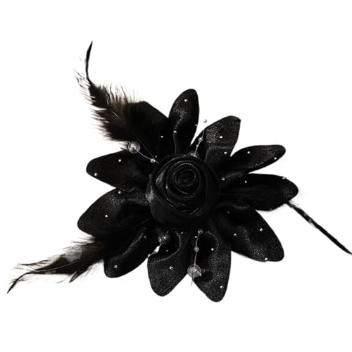12,5 CM Stoff Strass Feder Mesh Rose Brosche frauen Schmuck Zubehör Sanfte Kleid Pin(Black) von MZPOZB