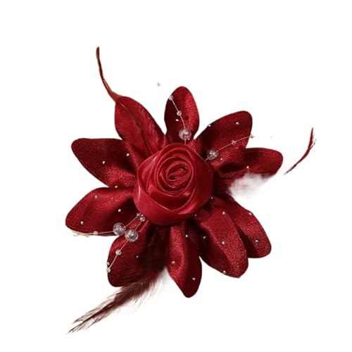 12,5 CM Stoff Strass Feder Mesh Rose Brosche frauen Schmuck Zubehör Sanfte Kleid Pin(Red) von MZPOZB