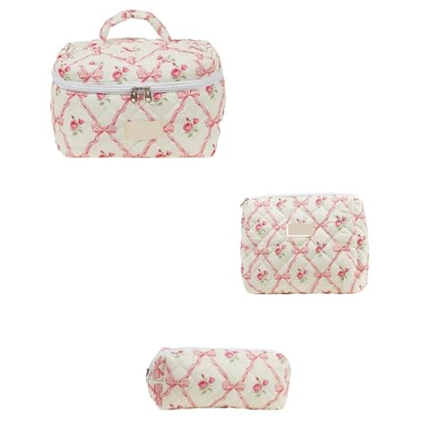 3 PCS Damen Gesteppte Make-up-Tasche Muster Kosmetikhandtasche mit Kupplung Stiftetui Große Kapazität Reiseaufbewahrungstaschen(Color-04) von MZPOZB