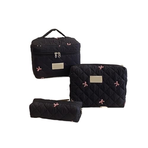 3 stücke Sets Bogen Blume Gesteppte Make-Up Tasche Frauen Kosmetische Veranstalter Weibliche Handtasche Kulturbeutel for Reise(Black) von MZPOZB
