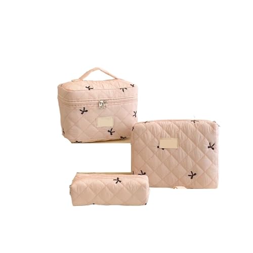 3 stücke Sets Bogen Blume Gesteppte Make-Up Tasche Frauen Kosmetische Veranstalter Weibliche Handtasche Kulturbeutel for Reise(Pink) von MZPOZB