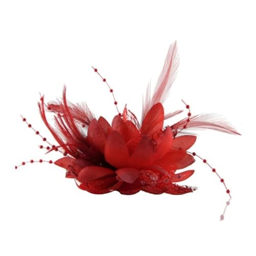 Frauen Mode Blume Federn Perle Corsage Haar Clip Braut Haarband Brosche Pin(Red) von MZPOZB