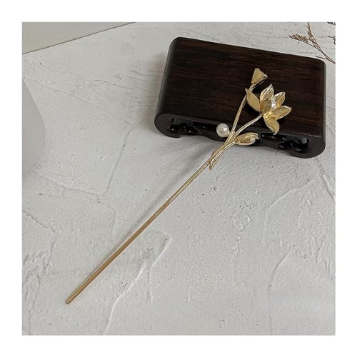 Haarnadel-Stick Lotus-Haarstäbchen for Frauen, einfache Blumenscheiben-Haarstäbchen, Haar-Essstäbchen, Haarnadeln, Kopfschmuck, Haar-Accessoires Damen Haar StäBchen (Color : Gold) von MZPOZB