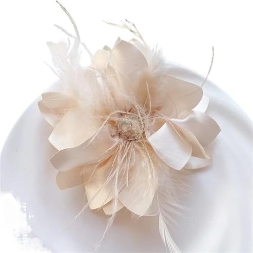 Handgemachte Stoff Blume Broschen for Frauen Feder Kristall Corsage Hochzeit Partei Schmuck Kleidung Zubehör(Beige) von MZPOZB