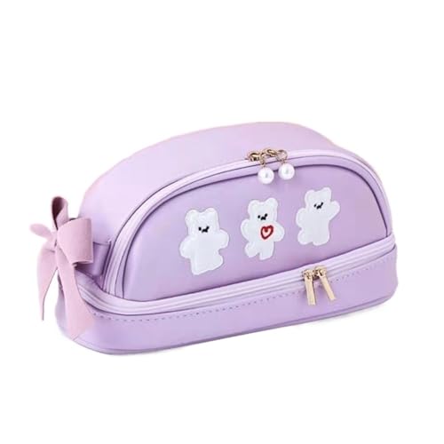 MZPOZB GroßE Kapazität Pencil Case Federmäppchen Bleistiftbeutel Großes Fassungsvermögen PU Niedlich Schreibwaren Schulbedarf Geburtstags Federtaschen (Color : Purple Bear) von MZPOZB