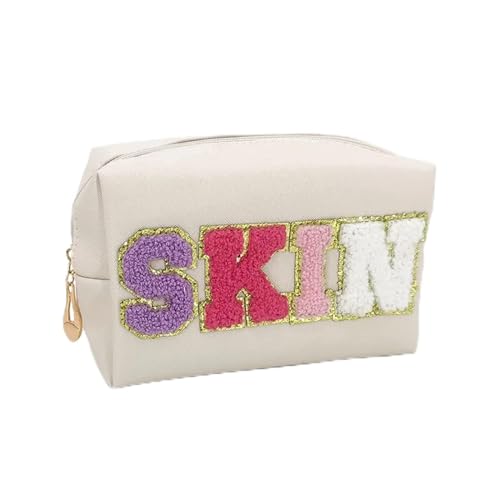 Make-Up-Aufbewahrungstasche Chenille Letter PU Leather Makeup Bag Waterproof Toiletry Bag Zipper Portable Skin Makeup Pouch Cosmetic Bag for Travel Accessor Kosmetiktasche(SKIN Multicolor) von MZPOZB