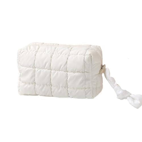 Puffer Cotton Kulturbeutel Damen Handgelenk Aufbewahrungstasche Gesteppte bestickte Feste Kosmetiktaschen Daunen Make-up-Tasche(White) von MZPOZB