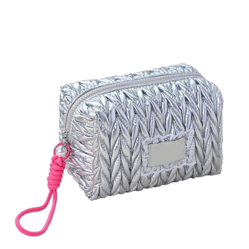 Silberne Gesteppte Kosmetiktasche aus PU-Leder, tragbarer Make-up-Organizer, Reise-Kulturtasche mit großem Fassungsvermögen und Reißverschluss(17x10x11cm) von MZPOZB