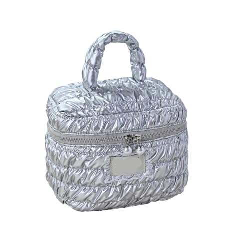 Silberne Gesteppte Kosmetiktasche aus PU-Leder, tragbarer Make-up-Organizer, Reise-Kulturtasche mit großem Fassungsvermögen und Reißverschluss(21x16cmx16cm) von MZPOZB
