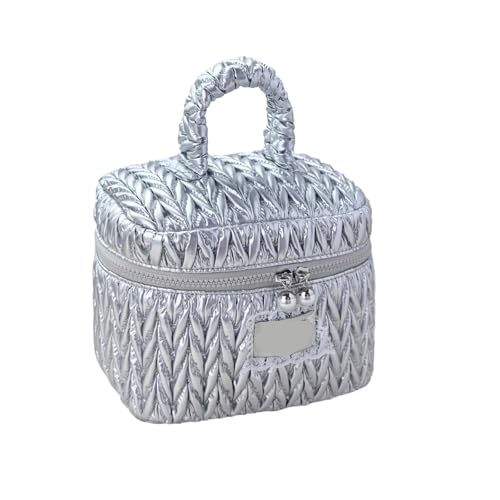 Silberne Gesteppte Kosmetiktasche aus PU-Leder, tragbarer Make-up-Organizer, Reise-Kulturtasche mit großem Fassungsvermögen und Reißverschluss(21x16x16cm) von MZPOZB