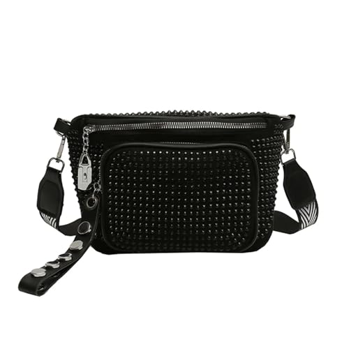 Strass-Taschen Mode Sling Taille Pack PU Leder Frauen Hüfte Bum Tasche Strass Diamant Umhängetasche Handtasche Zipper Breiten Riemen Sattel Geldbörse Strasssteine Clutches (Color : Black) von MZPOZB