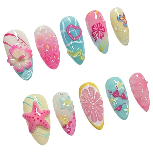 Künstliche Fingernägel mit Blume, zum Aufkleben, für Damen, Sarg, Mandel, französische Spitze Künstliche Fingernägel mit Blume, zum Aufkleben, für Damen, Sarg, Mandel, französische Spitze von MZRAN