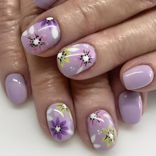 MZRAN 24 Stück Nägel zum Aufdrücken, kurz, quadratisch, künstliche Nägel, florale französische Spitzen, vollständige Abdeckung, Maniküre-Designs für Frauen von MZRAN