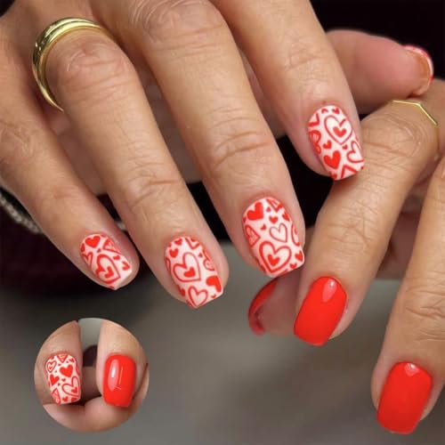 MZRAN 24 Stück kurze French Tip Press on Nails Quadratische Form Acryl Kunstnägel für Frauen mit Herz-Design zum Aufkleben auf Nägel von MZRAN