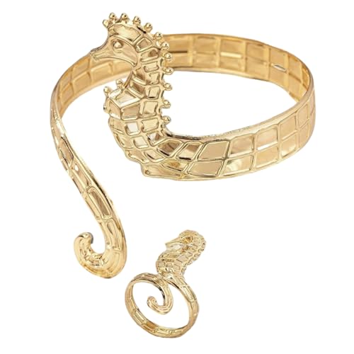 MZRAN Eleganter Seepferdchen-Armreif und Ringe mit offenem Ende, handgefertigtes Tierschmuck-Set, Accessoire für Mode-Liebhaber von MZRAN