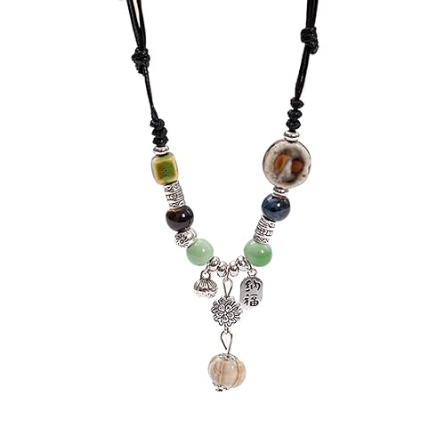 MZRAN Ethnische Keramik-Perlen-Halskette, verstellbare Größe, handgefertigter Choker-Anhänger, Pullover-Kette, einzigartiger Schmuck von MZRAN