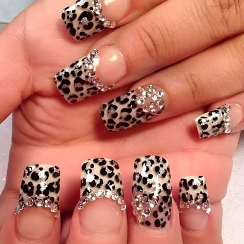 MZRAN Quadratische Nägel zum Aufdrücken, Leopardenmuster, zum Aufkleben, Strasssteine, Acrylnägel, 24 Stück, zum Aufkleben für Frauen und Mädchen von MZRAN