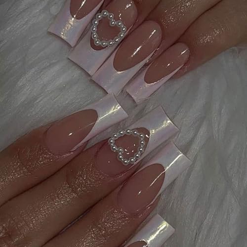 MZRAN Quadratische Nägel zum Aufdrücken, künstliche Nägel, Herzperlen, zum Aufkleben, Auroras, Acrylnägel, 24 Stück, zum Aufkleben für Frauen und Mädchen von MZRAN