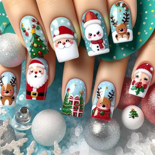 MZRAN Weihnachts-Kunstnägel zum Aufdrücken, Schneemann, schöne Elche, volle Abdeckung, zum Aufkleben auf Nägel, Weihnachtsmann, künstliche Nägel für Frauen von MZRAN