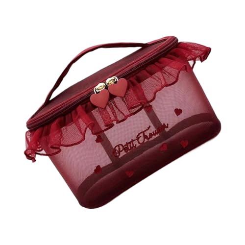Reisefreundlicher Make-up-Organizer, transparente Netzabschnitte und funktionale Aufbewahrungsfächer für kompakte Nylon-Make-up-Tasche, Groß, Rot, Mass Beauty von MZRAN