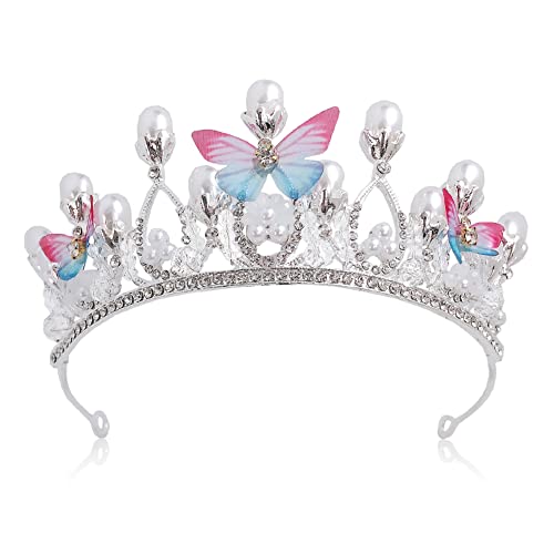 MZSM Silber Perle Schmetterling Diademe, Kristall Tiara Krone Stirnband Mädchen, Prinzessin Kostüm Krone, Butterfly Crown Flower Braut Hochzeit Haarschmuck für Party,Geburtstag Dekor Frauen von MZSM