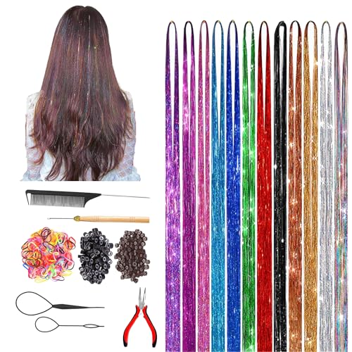 MZSX Bunte Haarverlängerungs Set, Haar Lametta mit Werkzeug, 12 Farben, für Frauen Mädchen Kinder Cosplay Party Zubehör, Bunt Gerade Haarteil Haarsträhne, 90 cm, Haarschmuckteile von MZSX