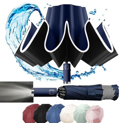 MZSX Regenschirm, LED-Licht, Taschenschirm, winddicht und sturmfest, Umgekehrtes Faltdesign, Klein Kompakt, Reflektoren Am Rand, für Herren und Damen von MZSX