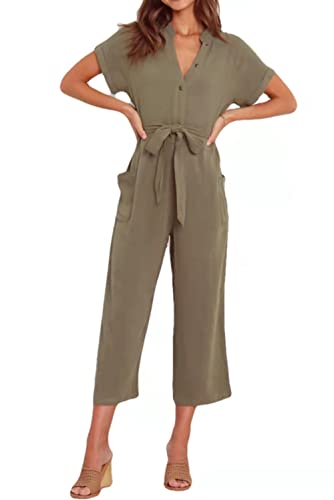 Damen Casual Playsuits Kurzarm Button Down Jumpsuits Elegant V Ausschnitt Baggy Gürtel Strampler mit Taschen, Army Grün, 38 von MZSYLK
