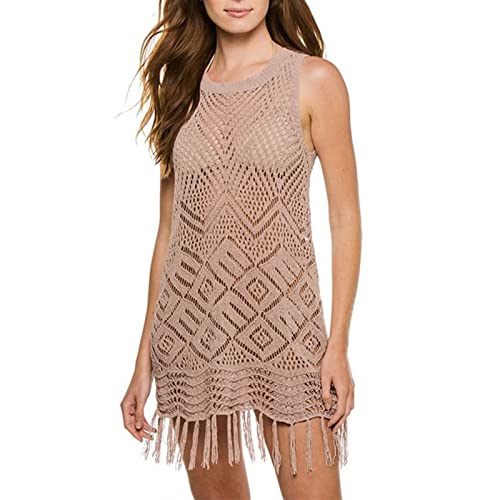 Damen Strand-Bikini Cover Up Crochet Hollow Out Badeanzug Strandkleidung Kleid, 03 Khaki, onesize von MZSYLK