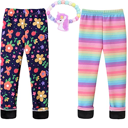 MZSYLK Mädchen-Leggings mit Fleece gefüttert, dicke Thermohose, Baumwolle, bunt, Mädchen, Winter, warme Hose, Blumenmuster, Strumpfhosen, 02flower + rainbow, 7-8 Jahre von MZSYLK