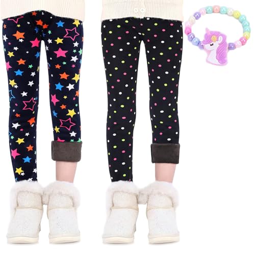 MZSYLK Mädchen Fleece Gefütterte Leggings Set Dicke Thermohose Baumwolle Bunte Mädchen Winter Warme Hose bunte Punkte und Sterne, 03, 7-8 Jahre(140) von MZSYLK
