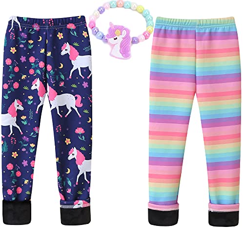 MZSYLK Mädchen-Leggings mit Fleece gefüttert, dicke Thermohose, Baumwolle, bunt, Mädchen, Winter, warme Hose, Blumenmuster, Strumpfhosen, Einhorn + Regenbogen, 7-8 Jahre von MZSYLK