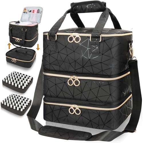 Nagellack-Organizer-Tasche für 84 Flaschen und Nagellampe, 3 Schichten, Nagelset, Aufbewahrungstasche, PU-Leder, großer Nagel-Organizer mit Schultergurt, tragbare Reise-Nageltasche für Nail Tech von MZTXY